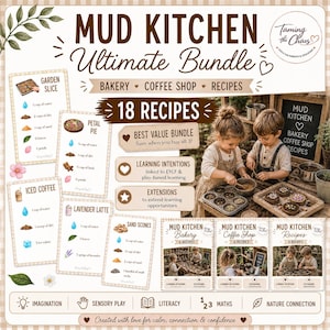 Puede incluir: El "Mud Kitchen Ultimate Bundle" presenta 18 recetas para una panadería, cafetería y recetas. La imagen incluye tarjetas de recetas, niños jugando y texto que dice "Best Value Bundle" y "Learning Intentions".