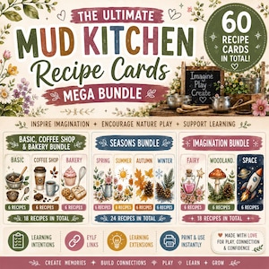 Könnte beinhalten: Eine digitale Sammlung von 60 Matschküchen-Rezeptkarten mit einem Mega-Paket an Themen wie Basis, Café, Bäckerei, Jahreszeiten und Fantasie. Die Karten zeigen farbenfrohe Illustrationen von Natur, Lebensmitteln und Weltraum mit Textbeschriftungen.