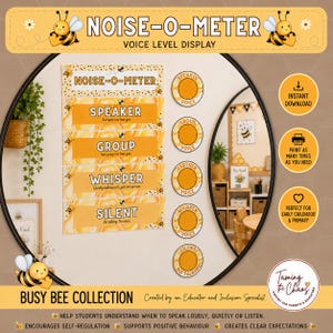 May include: A bee-themed classroom noise-o-meter display featuring horizontal banners labeled Speaker, Group, Whisper, and Silent with corresponding circular indicators. The design includes yellow honeycomb patterns, cartoon bees, and clear text.
