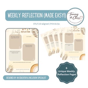 Puede incluir: Un conjunto de seis páginas únicas de reflexión semanal con una paleta de colores neutros. Las páginas incluyen indicaciones para la autorreflexión y están diseñadas por un educador y especialista en inclusión. El texto "Weekly Reflection (Made Easy!)" se muestra en la parte superior.