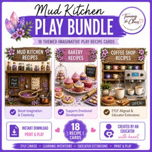 May include: A purple and white graphic for a "Mud Kitchen Play Bundle" with 18 themed imaginative play recipe cards. The image includes sections for mud kitchen, bakery, and coffee shop recipes, with text like "Boost Imagination & Creativity" and "Print & Play."