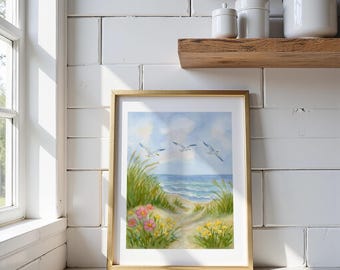 Coastal Seagulls | Oregon Coast Wall Art | Beach Dune Watercolor Print
