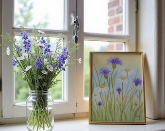 Chamomile Cornflower Watercolor Print | Pastel Meadow Cottage Garden Art