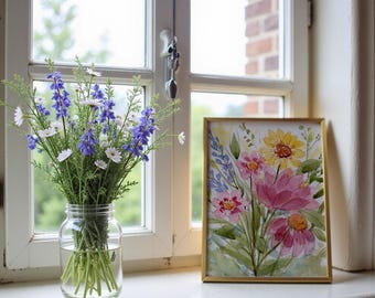Sunflower Bouquet Watercolor Print | Pink Cosmos, Coneflower, Lavender Botanical