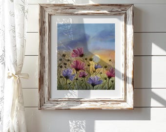 Cosmos Sunset Watercolor Print | Oregon Coast Wall Art | Pink Lavender Wildflower Meadow Art