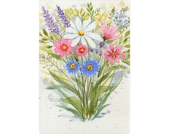 Paño de cocina con estampado floral de margaritas / Toalla de cocina decorativa con diseño de acuarela / Decoración de cocina rústica / Botánica / Toalla con tejido de gofre / Regalo para ella