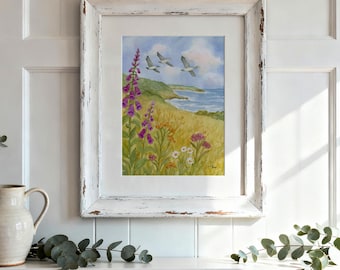 Foxglove & Geese | Oregon Coast Wall Art | Wildflower Bird Print