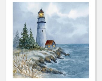 Coastal Watercolor Lighthouse Print