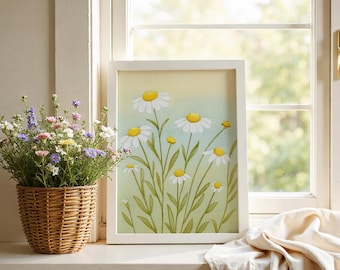 Soft Chamomile Watercolor Print | White Daisy Botanical Wall Art, Pastel Green Decor