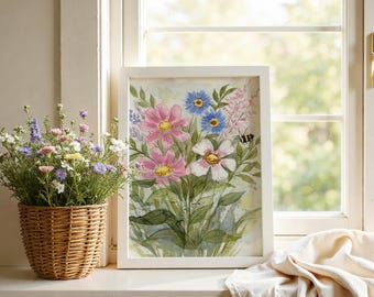 Cosmos & Wildflower Bouquet Watercolor Print | Bee Garden Art