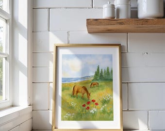 Coastal Meadow Horses | Oregon Coast Wall Art | Poppy Meadow Pasture Watercolor