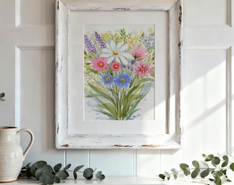 Daisy Bouquet Watercolor Print | Wildflower Cornflower Lavender Floral (Fine Art)