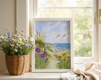 Coastal Sandpipers & Seagulls | Oregon Coast Wall Art | Wildflower Watercolor Print