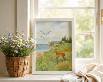 Coastal Meadow Deer Watercolor Print | Oregon Coast Wall Art | Fawn Wildflower Painting
