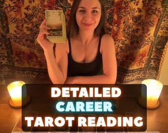 May include: A deck of tarot cards held in a hand, with additional cards laid out on a wooden surface between two lit candles. The text overlay reads: DETAILED CAREER TAROT READING. Your detailed PDF, ready within 1-2 hours.
