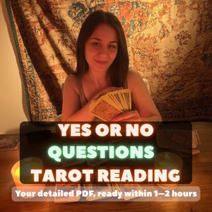 May include: A person holding a deck of tarot cards. The image features the text "YES OR NO QUESTIONS TAROT READING". The background includes a tapestry and candles.
