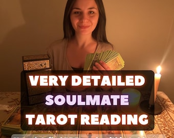 May include: A deck of tarot cards held in hand, a black decorative box, and a lit candle on a table. The text reads: VERY DETAILED SOULMATE TAROT READING. Your detailed PDF, ready within 1-2 hours. Several tarot cards are laid out on the table.