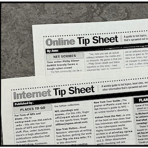 May include: Two printed sheets titled "Online Tip Sheet" and "Internet Tip Sheet" with black text on white paper. The sheets contain articles about the internet, including "Flame Wars!" and "Net Scribes".