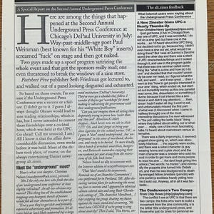 May include: A printed page from a magazine titled "Obscure Publications" featuring articles about the Second Annual Underground Press Conference. The text includes the phrase "alt.zines feedback."