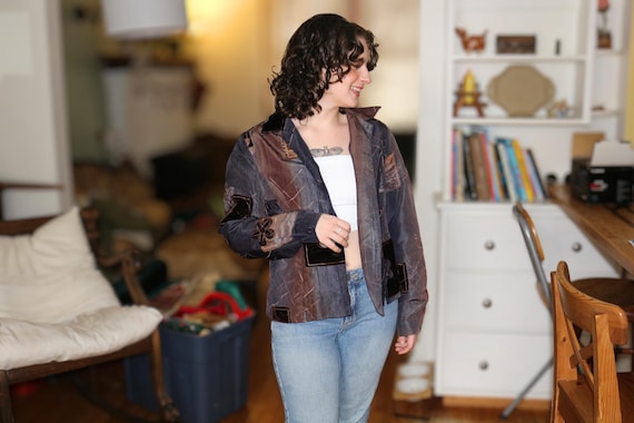 Small Retro Patchwork Blazer with Floral Decals E… - image 1