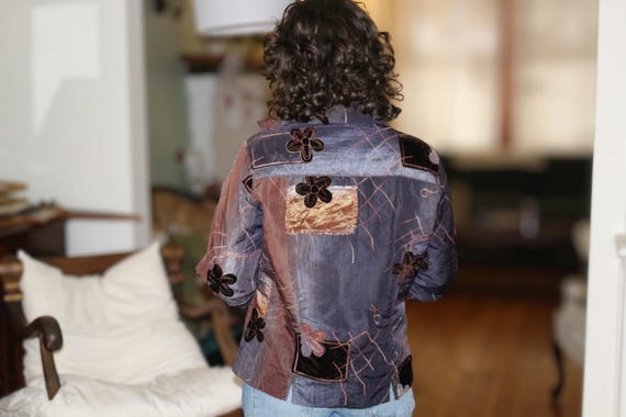 Small Retro Patchwork Blazer with Floral Decals E… - image 3