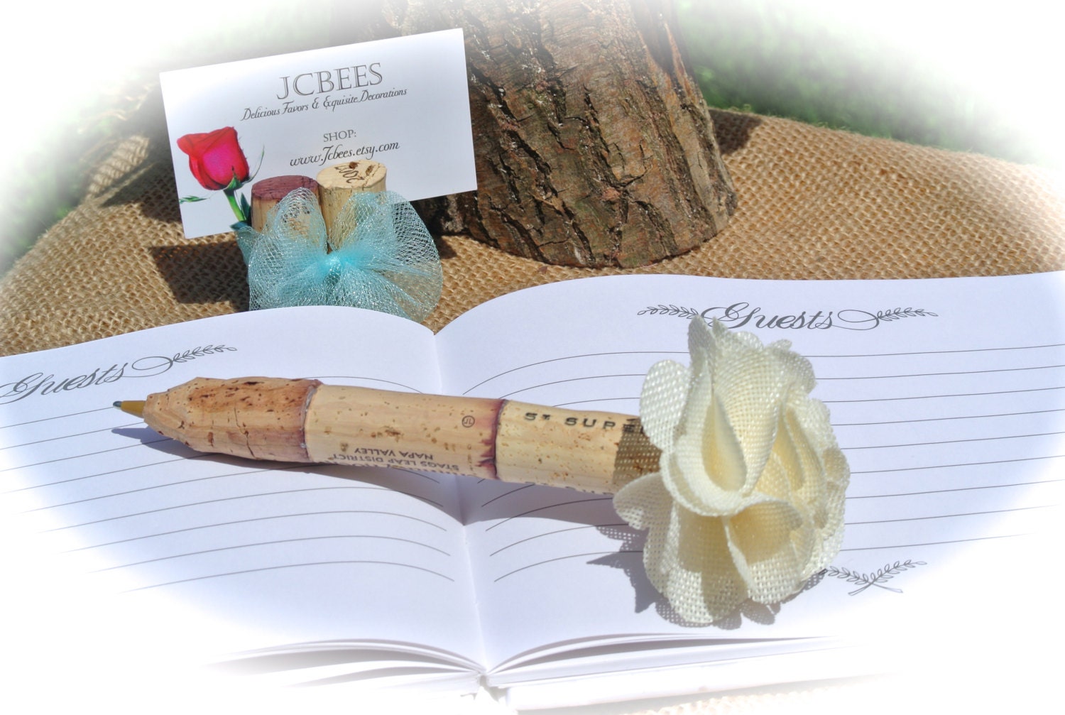 Wine Cork Guest Book Pen Rustic Wedding Burlap Ivory Flower Etsy