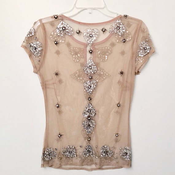 Vintage Womens Top | Tan Netting/Tulle Silver Hear
