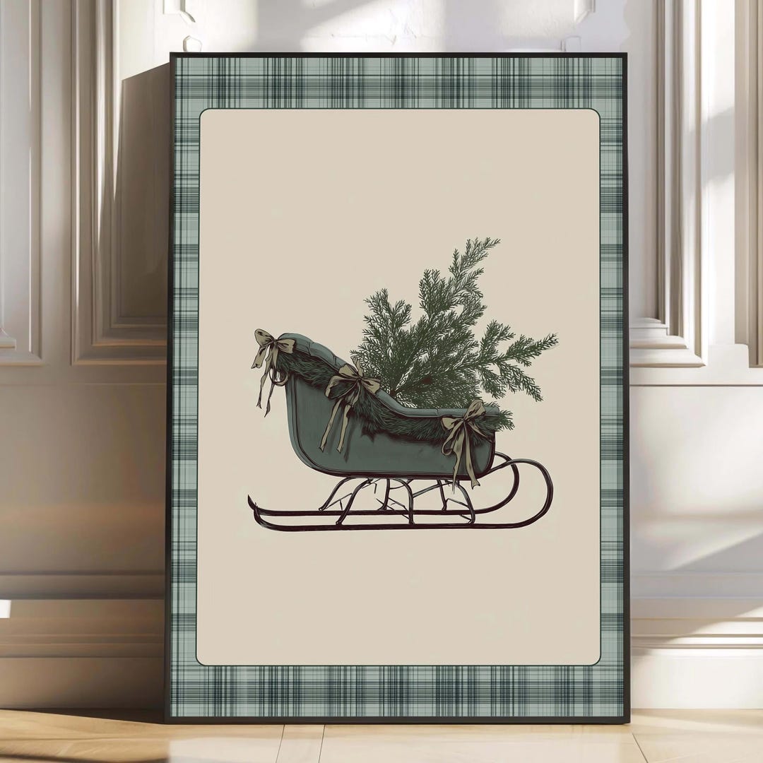 Vintage Sleigh With Evergreens Plaid Border | Christmas Wall Art ...