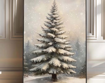 Snowy Pine Tree Winter Forest Print | Christmas Wall Art | Neutral Holiday Decor | Rustic Printable Landscape | Cozy Nordic Digital Download