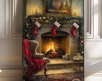 Cozy Christmas Fireplace Printable Wall Art | Holiday Mantel with Stockings and Garland | Traditional Winter Home Decor Digital Painting