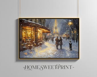Paris Winter Cafe with Eiffel Tower Print | Snowy Cityscape Impressionist Digital Wall Art | Romantic Paris Printable | Digital Download