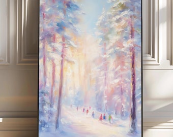 Pastel Winter Forest Print: Pink & Green Snowy Landscape (digital