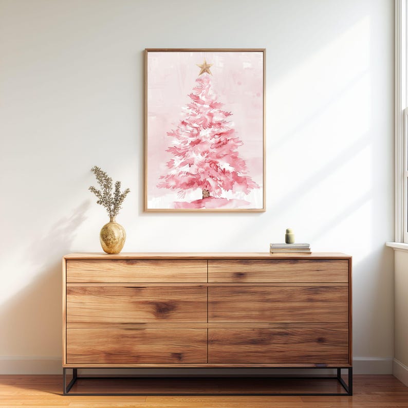 Pink Christmas Tree Watercolor Printable Wall Art | Blush Holiday Decor ...