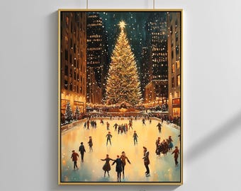 NYC Christmas Ice Skating Print | Rockefeller Center Christmas Tree | Holiday Cityscape Wall Art | Winter Snow Digital Download