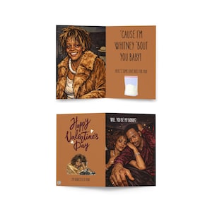 May include: Two greeting cards with illustrations and text. One card features a portrait and the text "'CAUSE I'M WHITNEY 'BOUT YOU BABY!" and "HERE'S SOME LOVE DUST FOR YOU!". The other card says "Happy Valentine's Day" and "WILL YOU BE MY BOBBY?"