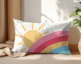 Sunny Rainbow Decorative Throw Pillow | Colorful Rainbow Sun Pillow, Modern Happy Home Decor