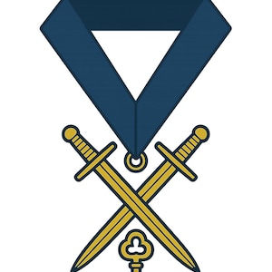 May include: A navy blue ribbon with a white triangle, two crossed gold swords, and a gold key. The design is a symbol of honor and achievement, often used in fraternal organizations or awards.