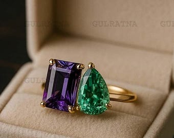 Emerald Cut Amethyst & Pear Cut Teal Sapphire Toi Et Moi Ring, Two Stone Engagement Ring, Amethyst Promise Ring, Teal Sapphire Proposal Ring