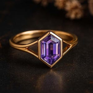 May include: A gold ring featuring a hexagonal, purple gemstone. The ring has a delicate band with a unique open design on either side of the gemstone. The gemstone is a deep purple color, set in a gold bezel.