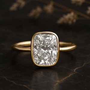 2 Carat Cushion Moissanite Engagement Ring, Bezel Set Solitaire in Gold, Modern Minimalist Bridal Jewelry, Elegant Wedding Ring for Her