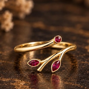 Marquise Ruby Ring, Leaf Branch Wrap Design, Bezel Set Gold Band, Botanical Nature Jewelry, Wedding Engagement Gift Anniversary Party Bridal
