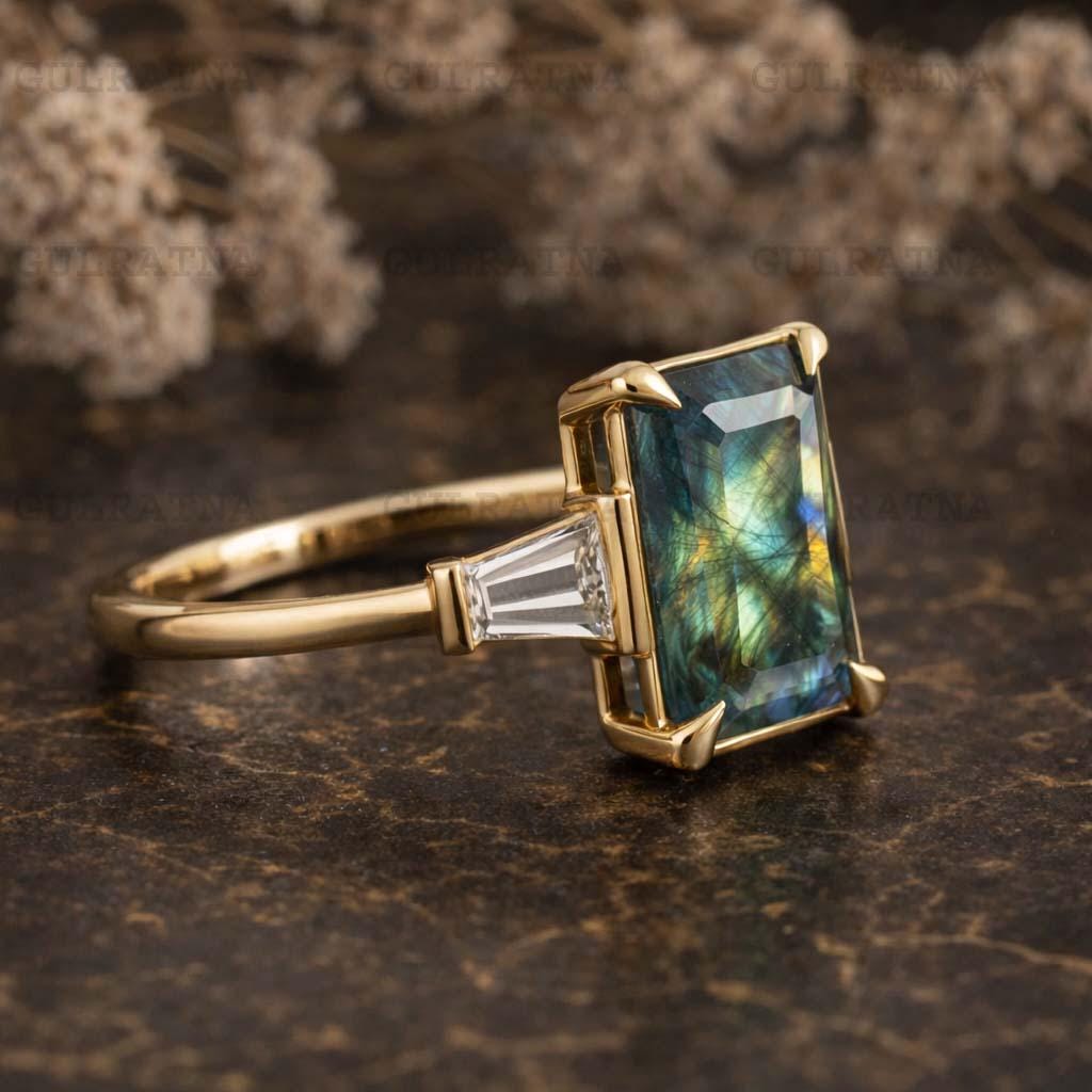 Emerald Cut Labradorite Ring, Baguette Moissanite Side Stones, 14K Gold ...
