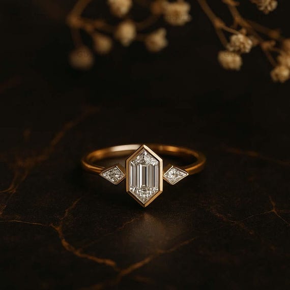 Hexagon & kite Cut Bezel Set Trilogy Moissanite Ring, Wedding Ring, Engagement Stackable Ring, Minimalist Jewelry, Proposal Ring for Her