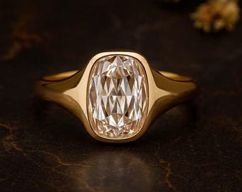 Solitaire Cushion Cut Moissanite Engagement Ring, Bezel Set Moissanite Signet Band Ring, Valentine day Ring For Her, Statement Proposal Ring