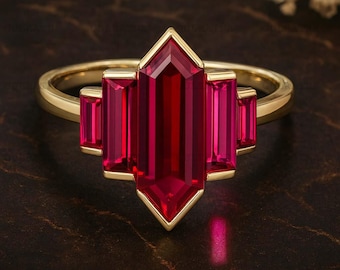 Hexagon Ruby Ring, Baguette Ruby Art Deco Gold Ring, Geometric Red Gemstone Ring, Vintage Statement Engagement Gift for Her