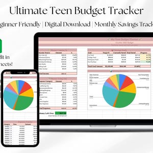 Puede incluir: Un rastreador de presupuesto digital para adolescentes, mostrado en una computadora portátil y un teléfono inteligente. La hoja de cálculo muestra ingresos, gastos y objetivos de ahorro. El texto dice "Ultimate Teen Budget Tracker".