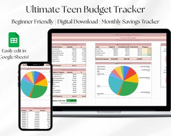 May include: A digital budget tracker for teenagers, shown on a laptop and smartphone. The spreadsheet displays income, expenses, and savings targets. The text reads "Ultimate Teen Budget Tracker" and "Easily edit in Google Sheets!"