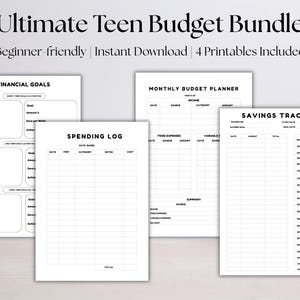 May include: A collection of four printable financial planning sheets. The sheets include a financial goals worksheet, a spending log, a monthly budget planner, and a savings tracker. The text "Ultimate Teen Budget Bundle" is at the top.