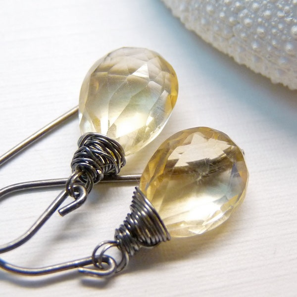 Dangle citrine earrings- November birthstone earrings-yellow gemstone earrings, wire wrapped silver earrings. gift for her