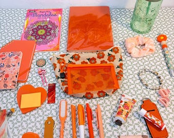 May include: An assortment of orange-themed stationery and accessories, including notebooks, pens, a pencil, a scrunchie, a water bottle, and a coloring book. The items are arranged on a patterned surface, creating a visually appealing collection.